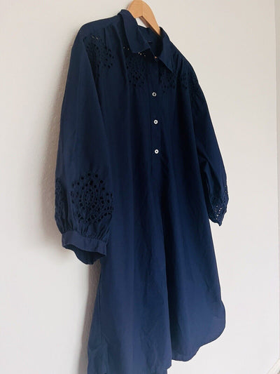 GAP Eyelet Shirt Dress Sz XL Navy Blue 100% Cotton Crochet Tie Pockets Boho