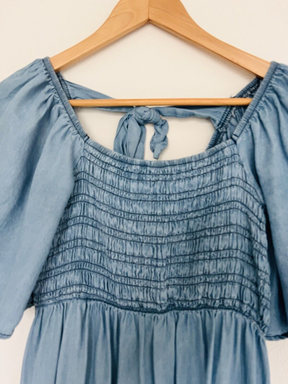 BLU PEPPER Smocked Mini Dress Sz S Tiered Puff Sleeves Tie Back Boho Western