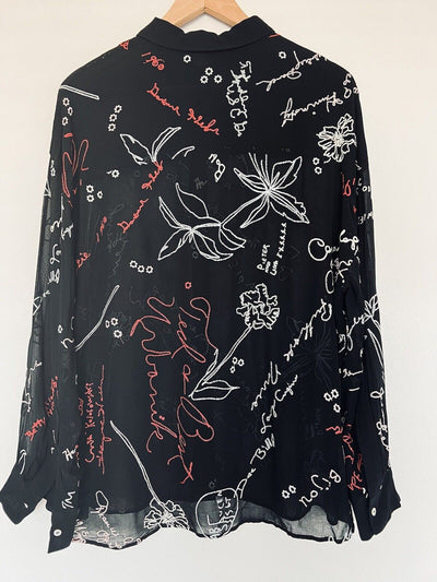 ALLSAINTS Kyra Embroidered Blouse Sz M Black Lightweight Sheer Button Down