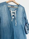 ANTHROPOLOGIE Dear John Chambray Denim Lace Up Tunic Blouse Sz S Roll Tab Boho