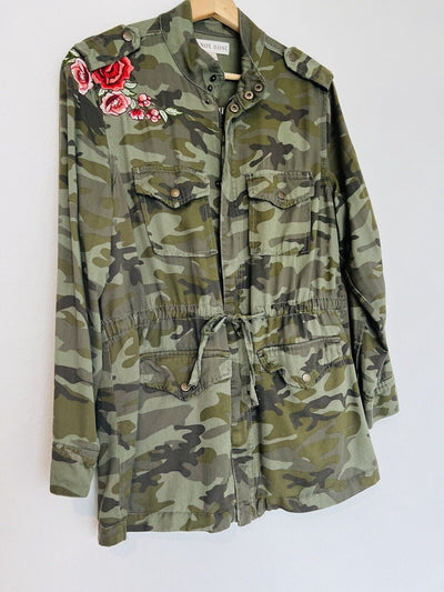 KNOX ROSE Embroidered Jacket Sz L Camo Anorak Cargo Utility Pockets Boho