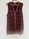LUCKY BRAND Burgundy Sleeveless Top Sz XL Ornate Pattern Cotton Linen Blend Boho