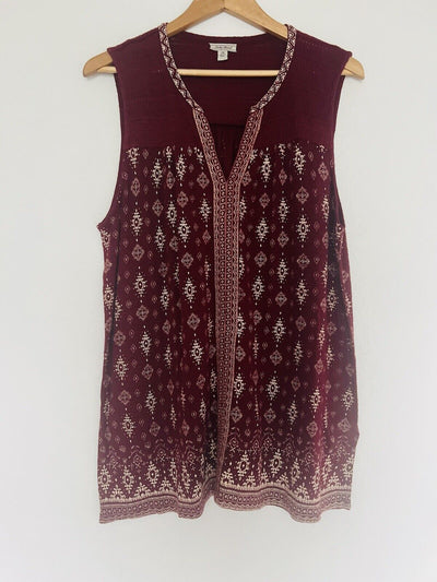 LUCKY BRAND Burgundy Sleeveless Top Sz XL Ornate Pattern Cotton Linen Blend Boho