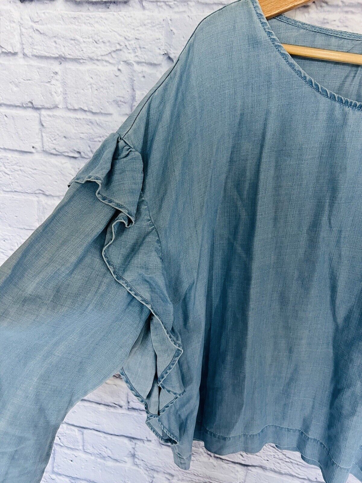 VINCE CAMUTO Womens 100% Tencel Boxy Ruffle Top Sz XL Blue Boho Crop Blouse