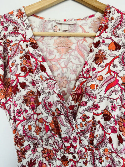 KNOX ROSE Floral V Neck Shift Dress Sz XS Red Midi Boho Romantic Peasant