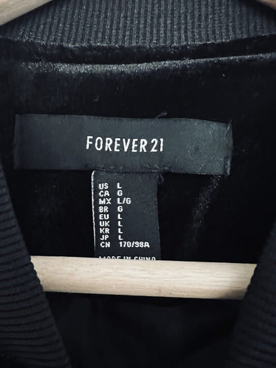 FOREVER 21 Black Velvet Velour Bomber Jacket Sz L Gold Zip Grunge Gothic