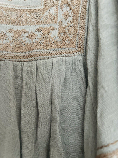 BLUE BIRD Embroidered Earthy Boho Blouse Sz S Flared Sleeves Tie Neck Flowy Top