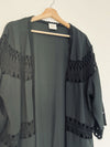 KNOX ROSE Open Front Kimono Cardigan Black Crochet Fringed Lace Trim Boho
