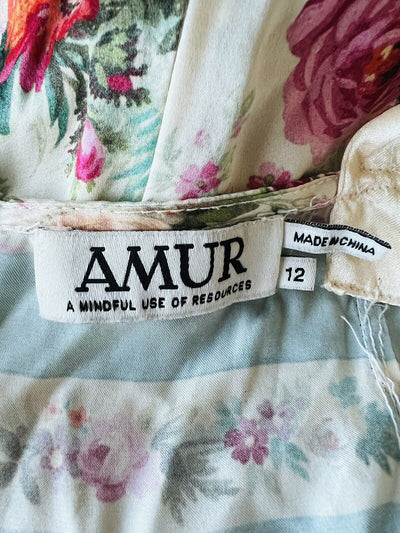 REFORMATION AMUR Silk Floral Slip Dress Sz 12 Asymmetrical Pleated Ruffle