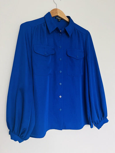 WHO WHAT WEAR Cobalt Blue Long Sleeve Blouse Sz M Collard Button Up Office Top