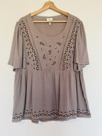 KNOX ROSE Embroidered Babydoll Tunic Blouse Sz XXL Flared Sleeve Flowy Boho