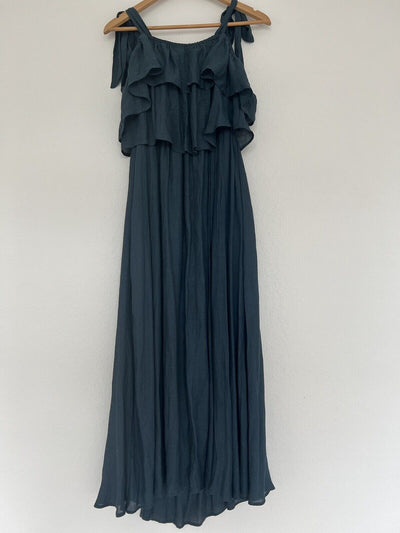 ANTHROPOLOGIE Blue Tie Neck Maxi Full Dress Sz M Tie Shoulders Western Boho