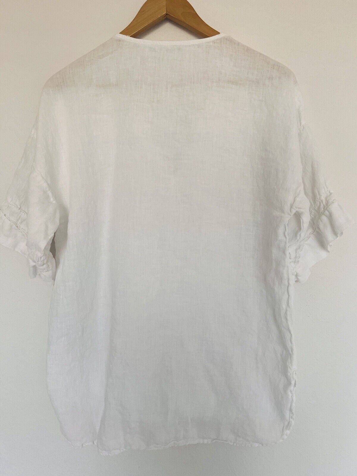 ZARA NWT 100% Linen Top Sz S White Lace Trim Short Sleeve Blouse V-Neck Tunic