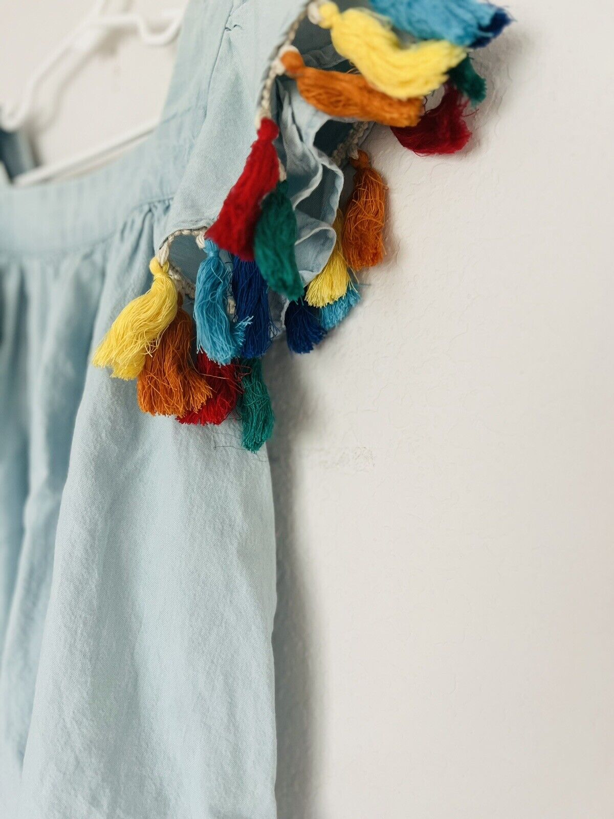 TUCKER + TATE Girls Blue Tassel Flutter Sleeve Top Sz 7 Multicolored Kids Boho
