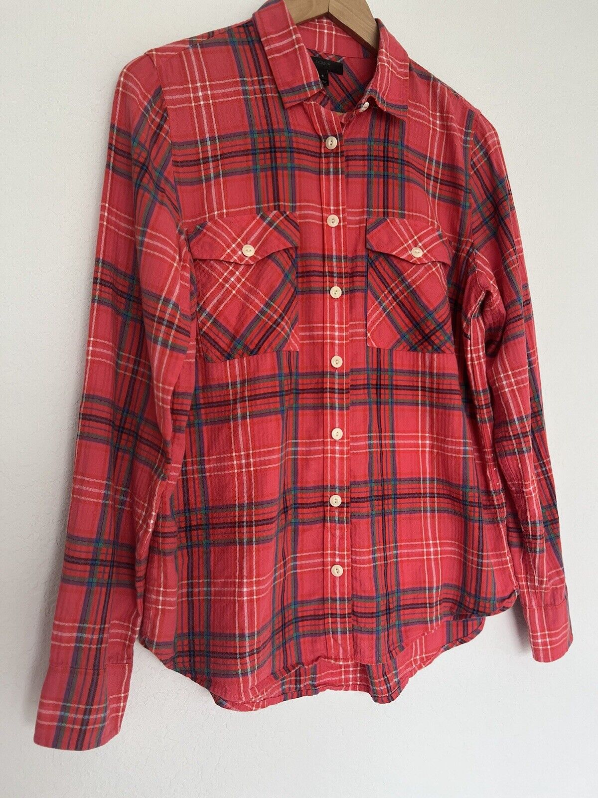 J CREW Women's Red Plaid Shirt Sz 8 Botton Down Collared Long Sleeve Top Boho