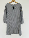 OLD NAVY Blue/White Stripe Dress Sz M Long Balloon Sleeves Shift Tassel Boho