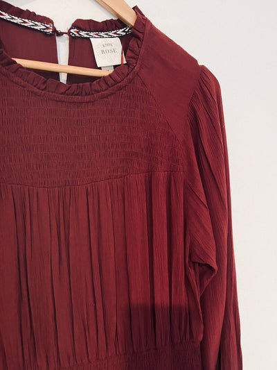 KNOX ROSE Burgundy Long Sleeve Dress Sz M Ruffle Tiered Boho Knee Smock Wrist