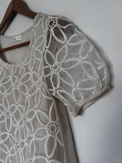 PAZZO Floral Crochet Lace Overlay Blouse Ivory Sz S Short Puff Sleeves Boho Top