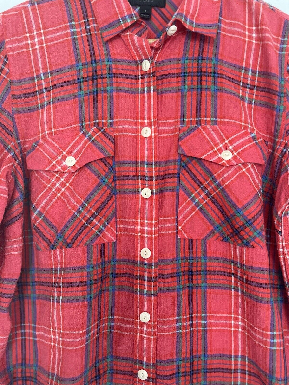 J CREW Women's Red Plaid Shirt Sz 8 Botton Down Collared Long Sleeve Top Boho