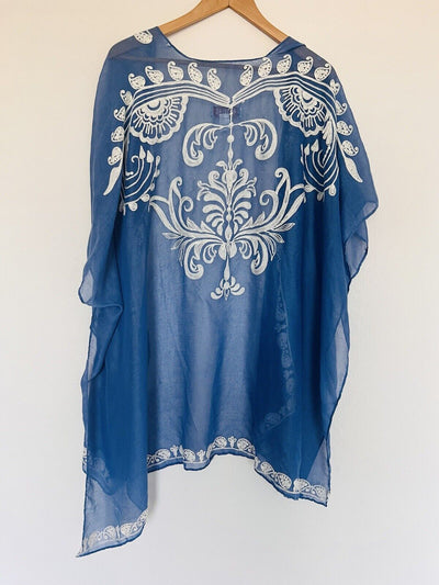 SHYANNE Women Cardigan Open Blue White Embroidered Lightweight Western