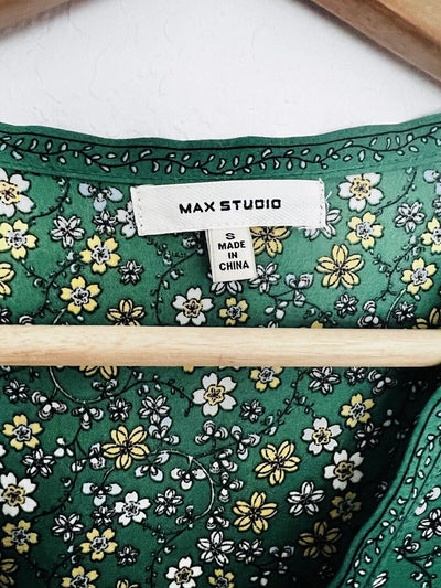 MAX STUDIO Floral Pattern Blouse Sz S V-Neck Button Tie Ruffle Crop Sleeve Boho