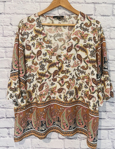 SUZANNE BETRO Floral Tunic Blouse Sz 2X V-Neck Paisley Long Sleeve Top Boho