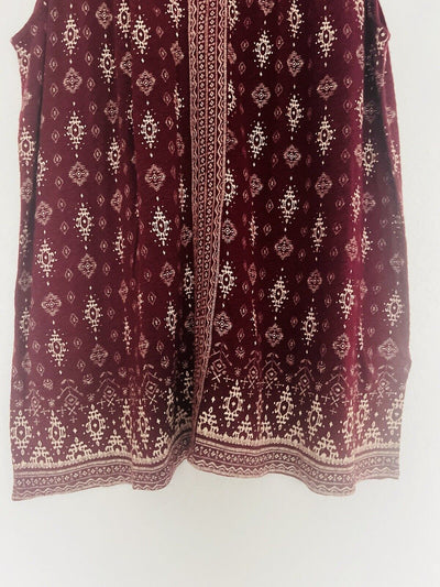 LUCKY BRAND Burgundy Sleeveless Top Sz XL Ornate Pattern Cotton Linen Blend Boho