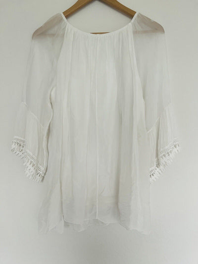 TEMPO PARIS 100% Silk Ivory Bohemian Top Sz S Embroidered Ruffle Lined Blouse