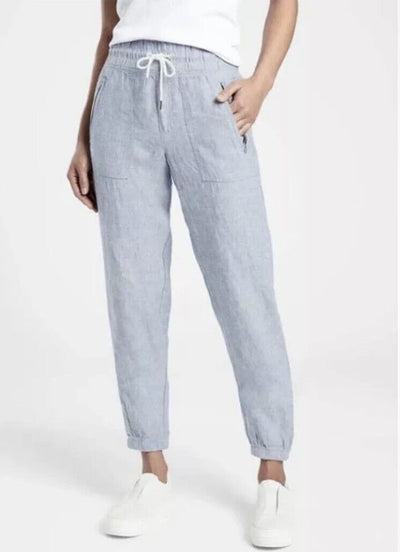 ATHLETA Cabo Linen Jogger Pants Sz 8 Drawstring Chambray Blue Nautical Boho