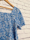 LOFT Embroidered Bubble Sleeve Top Womens Petite Large Floral Print Blue