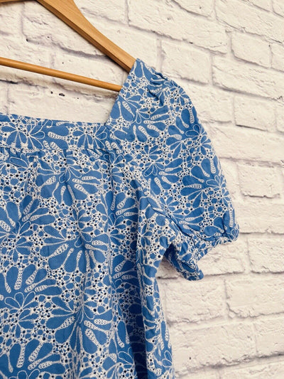 LOFT Embroidered Bubble Sleeve Top Womens Petite Large Floral Print Blue