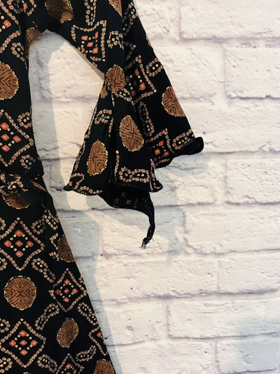 MINI ANGEL Girls 10 Black Dress Rayon Layered Lined Gometric Print Bows Flowers