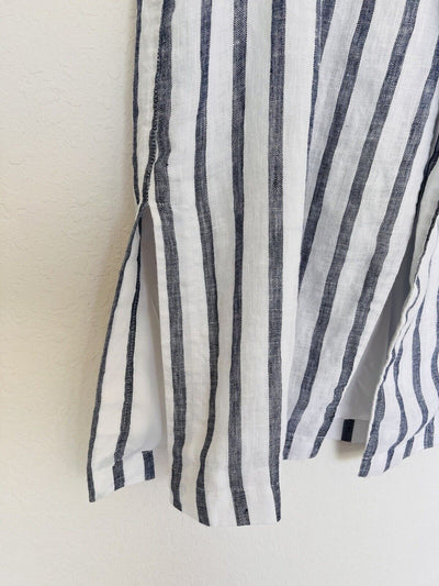 CHICO’S 100% Linen Striped Vest Sz M Blue/White Collar Open Front Lined Nautical