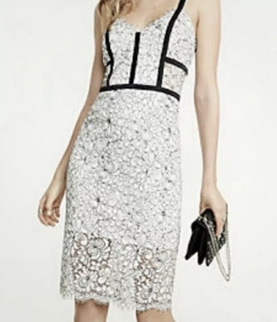 EXPRESS Black & White Floral Lace Dress Sz S Corset Crochet Sheath Velvet Trim