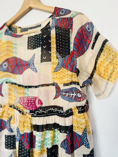 UNBRANDED Boho Style Fish Printed Babydoll Tunic Sheer Colorful Pullover