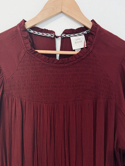 KNOX ROSE Burgundy Long Sleeve Dress Sz M Ruffle Tiered Boho Knee Smock Wrist