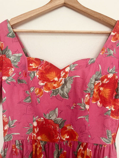 LAURA ASHLEY VTG 80s Dress US Sz 10 Pink Red Floral Cottagecore Bow Puff Sleeve