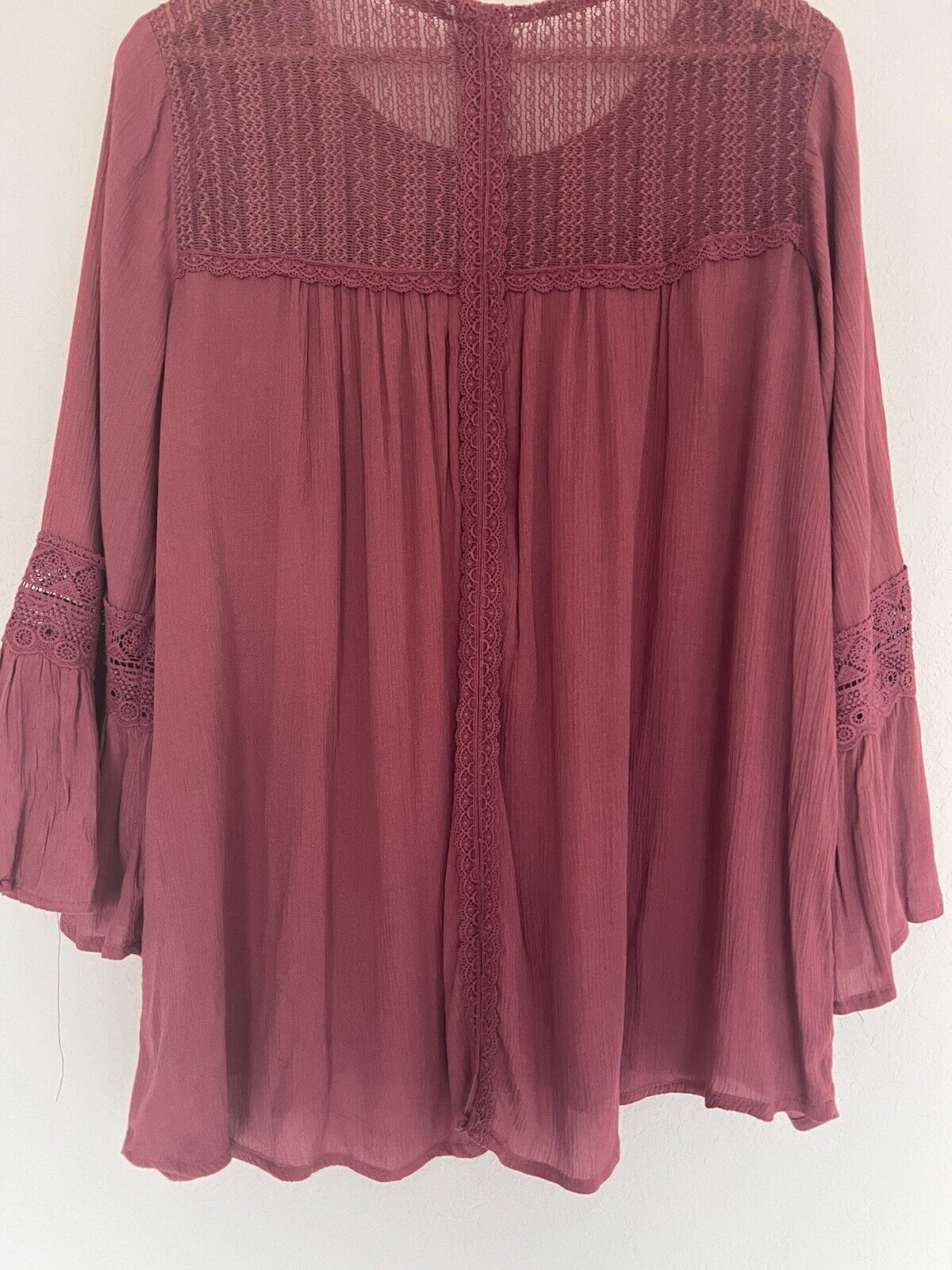 KNOX ROSE Fuchsia Flowy Top Sz XXL Lace Ruffle Flared Long Sleeves Blouse