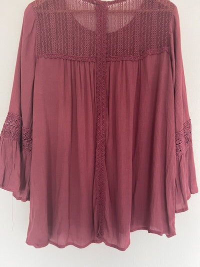KNOX ROSE Fuchsia Flowy Top Sz XXL Lace Ruffle Flared Long Sleeves Blouse