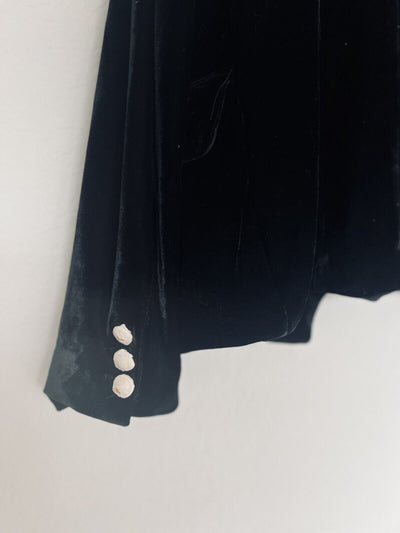 RACHEL ZOE Black Velvet Velour Blazer Sz L Double-Breasted Gold Accent Buttons