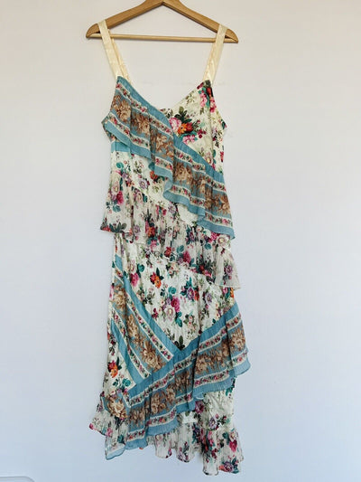 REFORMATION AMUR Silk Floral Slip Dress Sz 12 Asymmetrical Pleated Ruffle
