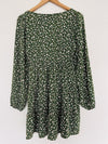 LIBERTY LOVE Green Smocked Dress Sz L Tiered Ditsy Flowers Balloon Sleeves Boho
