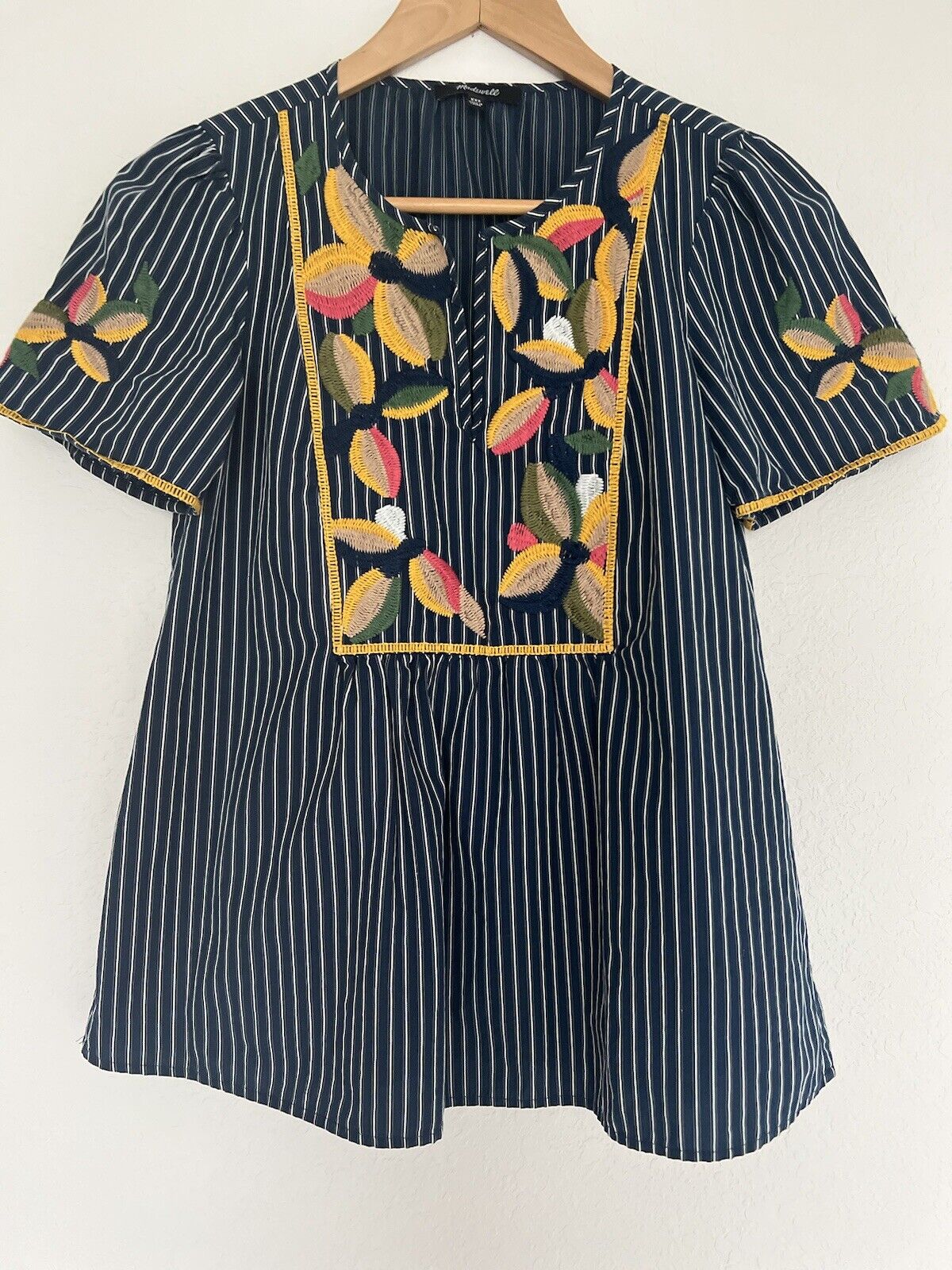 MADEWELL Navy Blue Stripe Top Sz XS Embroidered Floral Blouse Boho Hippie Style