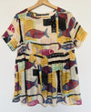 UNBRANDED Boho Style Fish Printed Babydoll Tunic Sheer Colorful Pullover