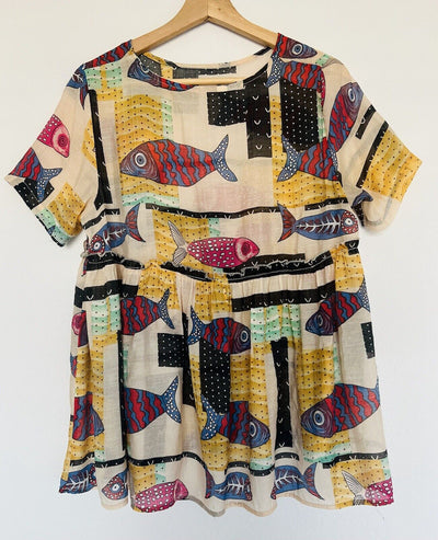 UNBRANDED Boho Style Fish Printed Babydoll Tunic Sheer Colorful Pullover