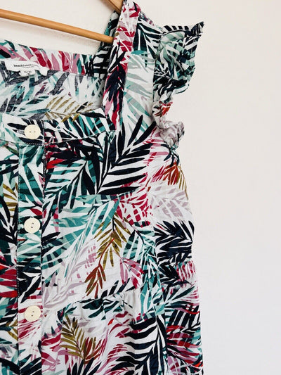 BEACHLUNCHLOUNGE Linen Blend Dress Sz XL Hawaiian Palm Tiered Botton Up Travel