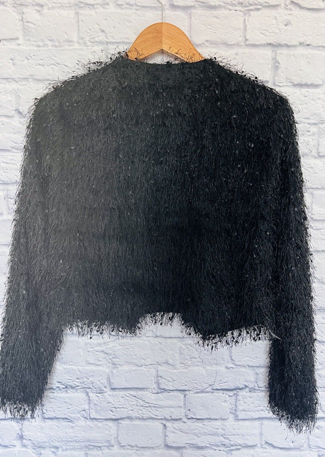 FOREVER 21 Womens Black Eyelash Shag Crop Jacket Sz M Dark Romantic Whimsigoth