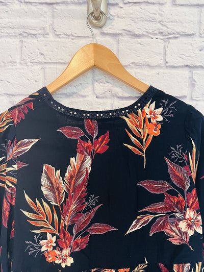PATRONS OF PEACE Womens Multicolor Floral Blouse Sz M Crochet Tie Sleeves Boho