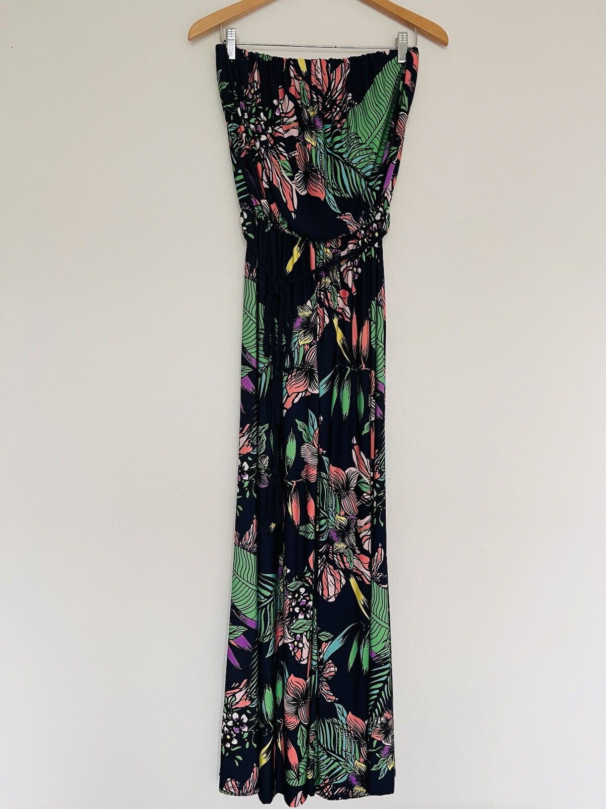BEACH BREAK Navy Blue Jumpsuit Sz M Wide Legs Strapless Cover-Up Tassel Tropical