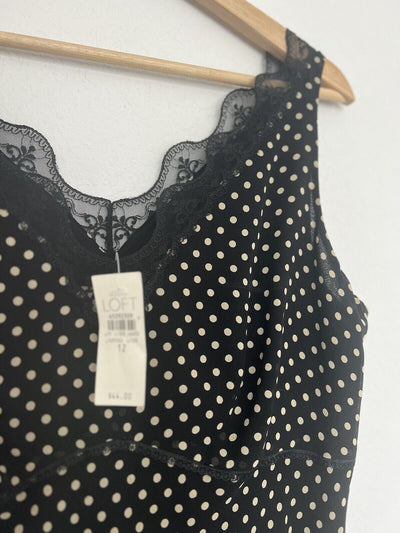 LOFT NWT 100% Silk Polka Dot Lace Top Sz 12 Babydoll Lined Cami Y2K Office